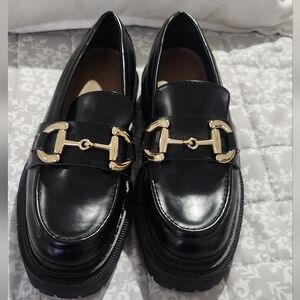 H&M Black Loafers with Gold Buckle